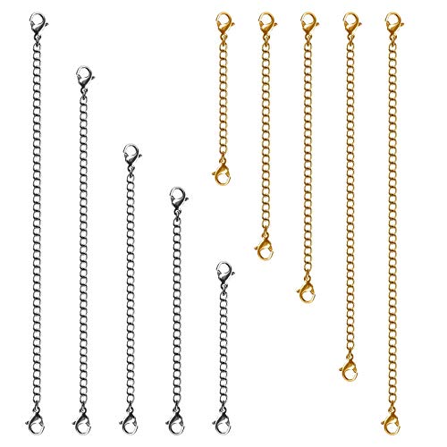 Necklace Extenders, 10Pcs Stainless Steel Gold Silver Necklace Bracelet Anklet Extension Chains with Lobster Clasps and Closures for Jewelry Making - color: Gold Silver