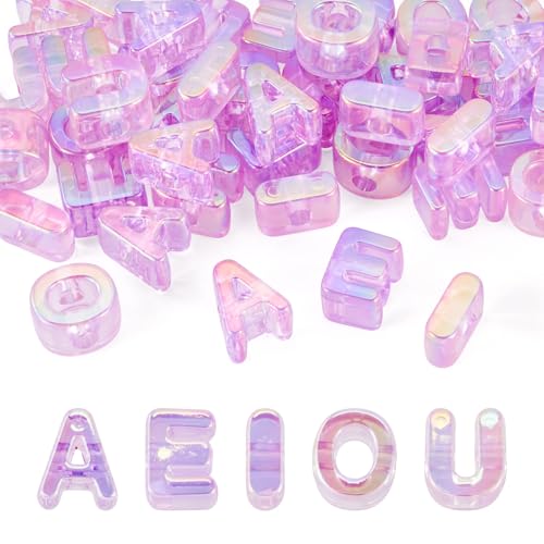 50Pcs Acrylic Vowel Letter Beads Chunky Large Alphabet Bead Translucent Iridescent Initial Beads for Keychains Paracord Necklace Jewelry Making Bag Charm (Violet) - color: Translucent Violet