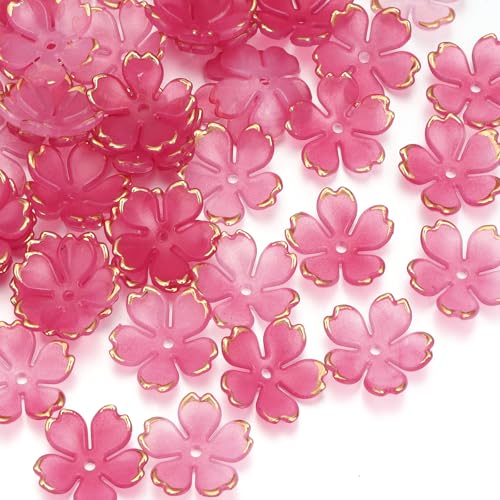 120Pcs Cherry Blossom Acrylic Flower Beads, Shiny Gold-Plated Floral Spacer Beads 5-Petal Gradient Floral Bead for Necklaces Bracelets Earrings Cell Phone Chain DIY Adult Jewelry Making (Red Color - color: Red Color, size: Flower Beads