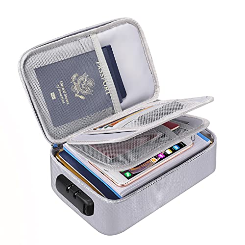ENGPOW Small Fireproof Storage Organizer Case with Lock(9”x 5.3”x 3.7”), Soft Money Safe Coin Organizer Wallet Bag for Cash,Card,Passport,Check,Bill,Travel Home Organizer Carrying Case,Silver - color: Silver