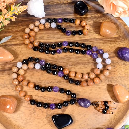 108 Mala Beads Genuine Semi-Precious Gemstone Hand Knotted 8MM Prayer Beads Long Multicolor Necklace 40 Inches - style: protection