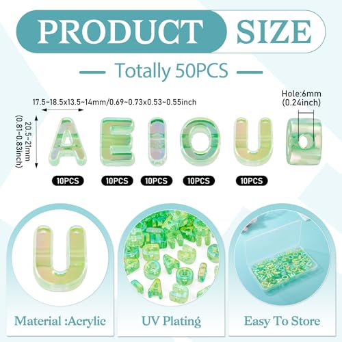 FASHEWELRY 50Pcs UV Plating Rainbow Iridescent Acrylic Letter Beads with Large Hole 3D Large Letter Blocks Charms Letters Chunky Vowel Alphabet Beads for Key Chains Necklace DIY Arts Craft (Green) - color: Pala, size: Vowels