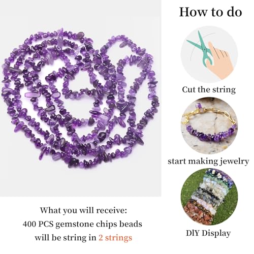 400pcs Natural Chip Stone Beads for Jewelry Making Amethyst 5-8mm Irregular Gemstones Healing Crystal Loose Rocks Bead Hole Drilled for Ring Earrings Necklace Bracelet Making DIY Art Crafts - color: Amethyst (2 Strands-62")