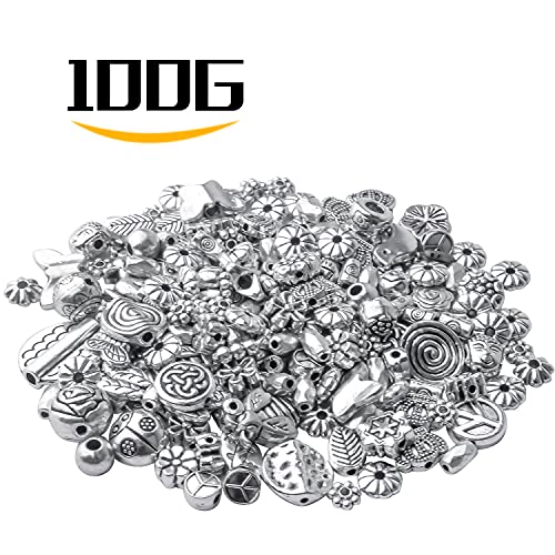 100g Antique Silver Spacer Beads Tibetan Alloy Ball Leaf Butterfly Flower Animal Spacers Loose Beads Spacer Charm Beads Craft Supplies for DIY European Bracelet Necklace Jewelry Making