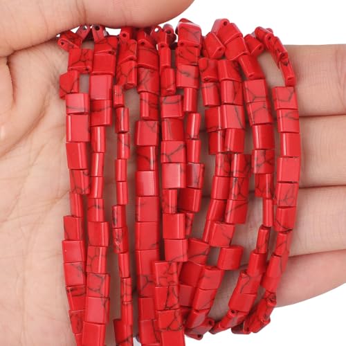 Natural Red Turquoise Stone Beads, Each Approximately 5x5x2mm Square 2-Hole Spacer Bead, are Used to Make Bracelets, Earrings, Necklaces, with Each String Measuring 15-16 Inches - color: Red Turquoise
