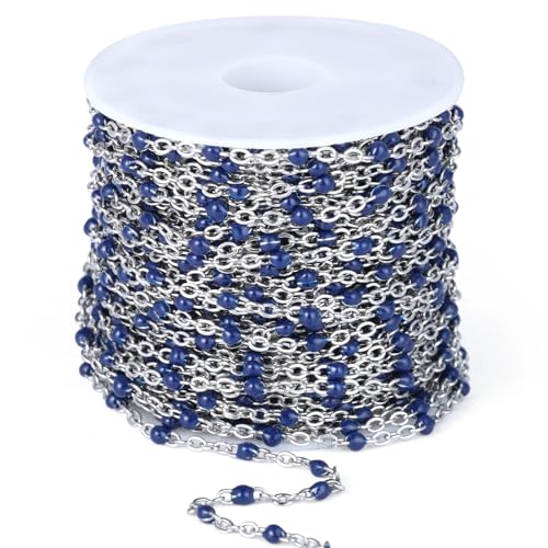 33 Feet Stainless Steel Enamel Chains Bulk, 2mm 304 Stainless Steel Navy Blue Enamel Beaded Cable Link Chain Roll Spool for Jewelry Making - color: Stainless Steel Navy Blue Beads