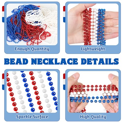Huskein 100 PCS 4th of July Beads, 33" Patriotic Beads Necklaces Bulk, Red White Blue Necklace Bulk, Independence Day Party Parade Accessories Set for Memorial Day Fourth of July Party Supplies - color: RedWhiteBlue