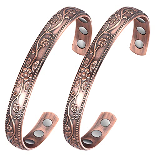 Jecanori 2Pcs Magnetic Copper Bracelets for Women, Vintage Flower 99.99% Pure Copper Bracelets with 3500 Gauss Magnets, Adjustable Cuff Jewelry with Gift Box - color: Copper