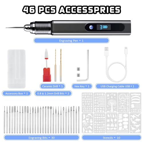 Cordless Engraving Pen Kit with Carrying Case, Rechargeable Electric Engraver Tool with 43 Accessories, 3-Speed Portable DIY Rotary Tool for Jewelry, Metal, Glass, Stone, Wood, Plastic, DIY Gift - size: 43pc