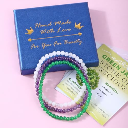 2/3-Pieces 4mm 6mm 8mm Natural Crystal Gemstone – Handmade Reiki Energy Healing Stretch Bracelets Jewelry for Yoga, Meditation, Unisex - color: 3 Pieces (Amethyst&GreenJade&WhiteJade), size: 4mm