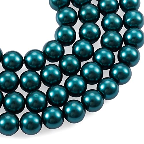 Cheriswelry 100pcs/strand 8mm Round Glass Pearl Beads Strand Tiny Satin Luster Pearl Beads Loose Spacer for DIY Bracelet Necklace Earrings Jewelry Making Crafts Supplies (Teal)