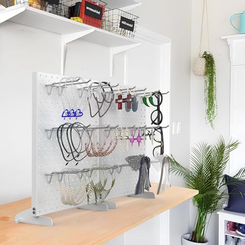 TORACK Pegboard Display Stand for Craft Shows & Fairs, 12 x 16 in Metal Tabletop Pegboard Display with Hooks for Christmas Fair Event(White, Pack of 2) - style: 2-Pack White