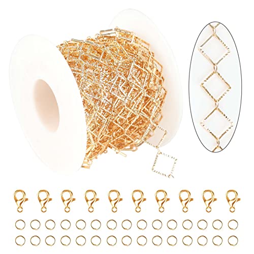 KYUNHOO 16.4 Feet KC Gold Plated Brass Jewelry Chain Bulk Handmade Embossed Square Link Chains for Jewelry Making Supplies Craft Chain Spool with Jump Rings and Lobster Claps - color: Embossed Square Gold