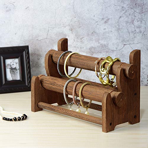 Ikee Design Wooden 2-Tier Bar Bracelet/Bangle Jewelry Holder Stand Display Organizer, Wood Bracelet Bangle Holder, Brown Color, 11 3/4 W x 5 3/8 D x 8 H in - color: Brown