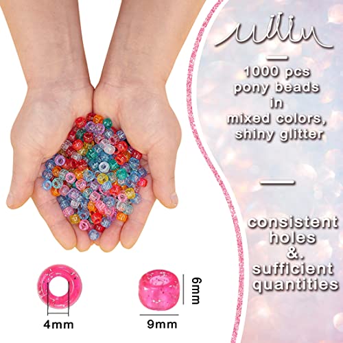 MIIIM 1000PCS 6x9mm Pony Beads Bulk, Glitter Kandi Beads for Bracelets Making Kit, Hair Braids Crafts for Jewelry Making (Glitter Mixed) - color: Glitter Mixed
