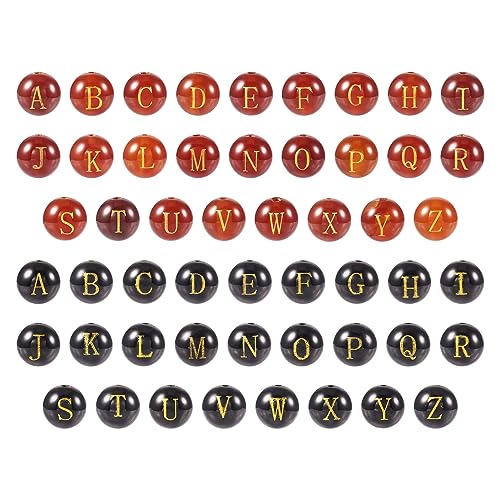 Cheriswelry 52Pcs 10mm Natural Gemstone Letter Beads - Agate Alphabet Healing Stone for Birthday Bracelet Necklace Jewelry Making - Black Red Crystal - color: Agate with Letter-Mixed Color*2