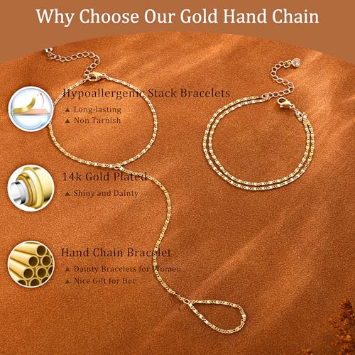 CHESKY 14K Gold Plated Hand Chain Bracelets for Women Set - Dainty Finger Ring Bracelet Stack Adjustable Hand Chains Durable Beaded Bracelets Trendy Simple Body Jewelry Gift for Women - style: 3Square bracelet-gold