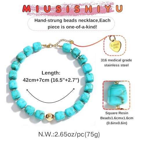 Chunky Necklaces for Women, Trendy Colorful Square Acrylic Resin Beads Statement Choker Necklace, Lightweight Boho Summer Beach Vacation Jewelry - color: Turquoise color