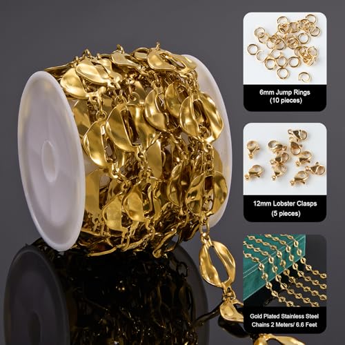 2 Meters Baroque Lip Chain for Jewelry Making Stainless Steel Bulk Chain Gold Plated Craft Chain Roll - color: Gold Lip