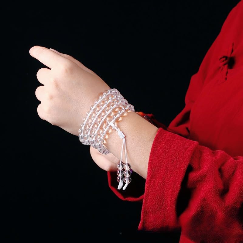 108 Clear Quartz Crystal Beads 8mm Mala Bracelet, Healing Stone Prayer Beads for Meditation Yoga Chakra Balancing - color: transparent