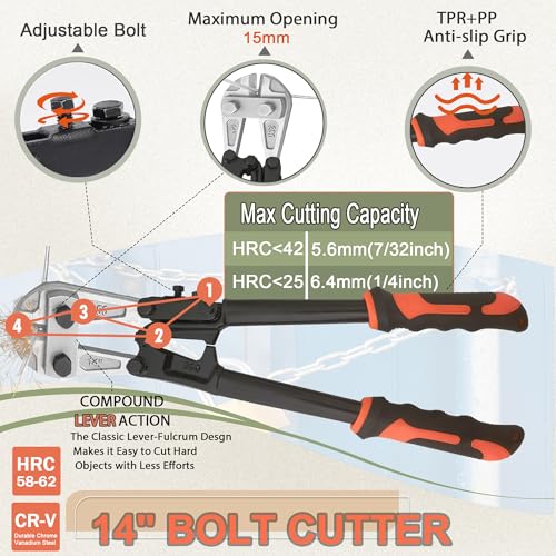 bolt cutters,4 pieces heavy duty bolt cutters pliers set, 14" & 8" Bolt Cutter, 8" Wire Cable Cutter, 8" Wire Rope Cutter, Cr-V Blade for Cutting Locks, Steel Wire, Chains, with golves
