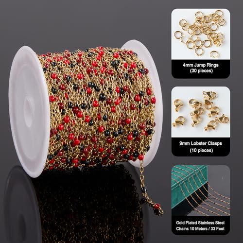 UMAOKANG 33 Feet Stainless Steel Jewelry Making Chain Black Red Enamel Beaded Cable Chains Bulk on Spool - color: Blak Red-Gold