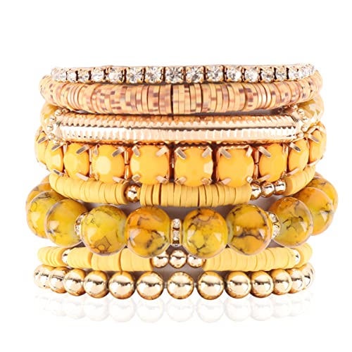 RIAH FASHION Multi Color Stretch Beaded Stackable Bracelets - Layering Bead Strand Statement Wrap Bangles - color: Boho Mix - Mustard, size: 7.0 Inches Length