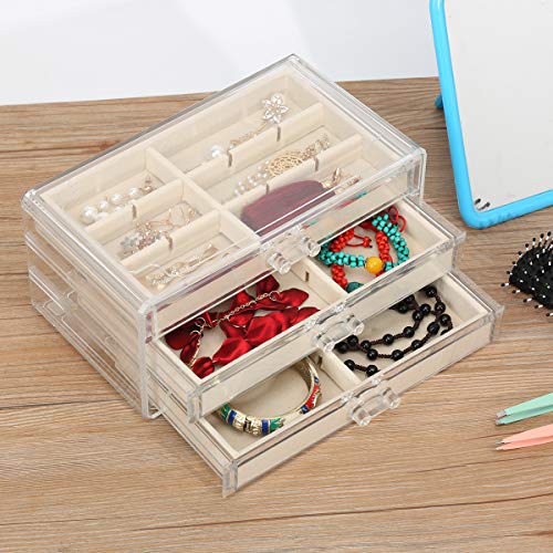 FEISCON Acrylic Jewelry Organizer Makeup Cosmetic Storage Organizer box Clear Jewelry Case with 3 Drawers Adjustable Jewelry Box Velvet Trays grid size - size: 3 layer