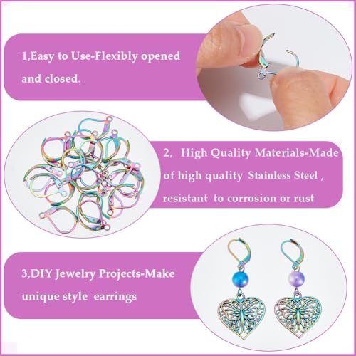 1 Box 40Pcs Leverback Earring Findings Stainless Steel Earring Hooks Bulk French Wire Rainbow Color Lever Back Small Huggie Earring Hooks for Jewelry Making Supplies DIY Craft Women Beginner