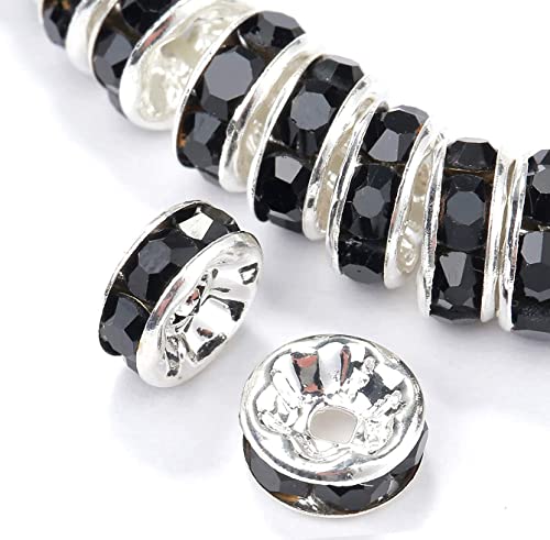 200Pcs 6mm Rondelle Spacer Beads Silver Plated Black Crystal Rhinestone for Jewelry Making Loose Beads for Bracelets - color: black, size: 6mm