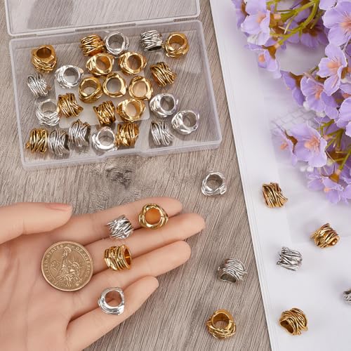 1 Box 40pcs Large Hole Spacer Beads Silver Tibetan Spacer Beads Alloy European Rondelle Gold Spacers Metal Hollow Column Bead for DIY Jewelry Crafts Making Women Beading DIY Necklace Bracelet