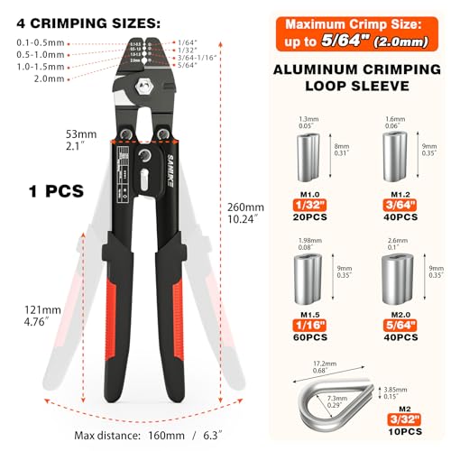 Sanuke Wire Rope Crimping Tool for 3/64 1/16 5/64 inch Aluminum Crimping Loop Sleeves Kit with 160pcs Aluminum Crimping Loop Sleeve and 10pcs Stainless Steel Thimble