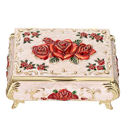 Hipiwe Vintage Metal Jewelry Box Small Treasure Chest Case Trinket Organizer Earrings Necklace Bracelet Storage Box Ring Box Holder Keepsake Box for Women - color: Beige, size: Small