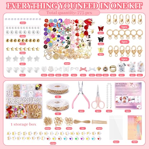 Wurosi 773 Pcs Beaded Keychain Making Kit, Bag Charm Kit, with Chains, Charms & Letter, Key Chain Hooks, Jump Rings, Manual, Gift Bgas, Storage Box & Tools, DIY Crafting and Jewelry Making for Adult - color: 773PCS Keychain Making Kit