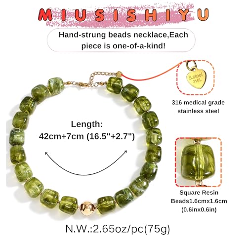 Chunky Necklaces for Women, Trendy Colorful Square Acrylic Resin Beads Statement Choker Necklace, Lightweight Boho Summer Beach Vacation Jewelry - color: Prehnite Green