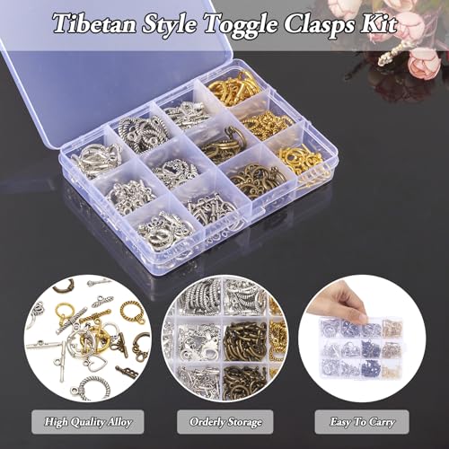 Craftdady 120 Sets Antique Silvery Toggle Clasps - Tibetan T-Bar Closure With Connectors for Bracelet Jewelry Crafts Making (Ring, Drop, Heart, Flower, Crown) - color: 11 Styles, Antique Bronze, Silver, Gold