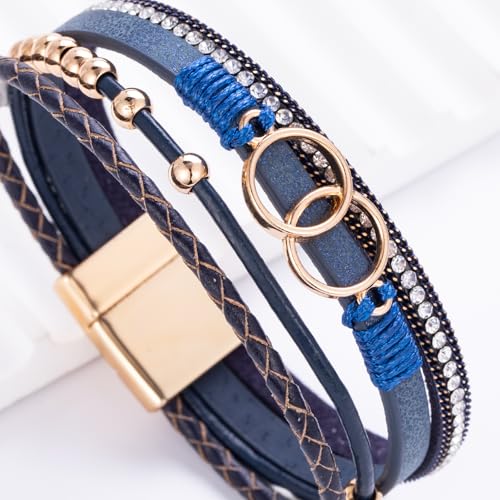 FANCY SHINY Mothers Day Gifts Boho Leather Wrap Bracelet Stackable Infinity Chunky Cuff Bracelets Western Hippie Outfits Jewelry Valentine Gifts for Women - color: Navy Blue