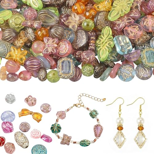 120-160Pcs Cute Assorted Kawaii Aesthetic Beads 100G Vintage Bohemian Acrylic Bead in Bulk Round Oval Butterfly Flower Czech Style Beads Jewelry Making Metal Enlaced Charm DIY Craft（Clear Colorful） - style: Clear Colorful
