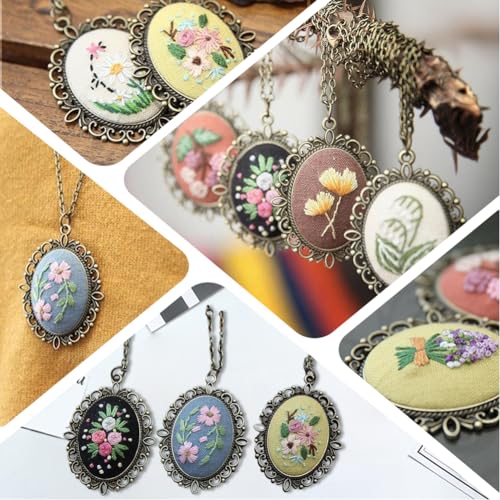 SUNNYCLUE DIY 3 Sets Embroidery Necklace Kits Embroidery Necklace Pendant with Chains Hoops Cloth Spring Flowers Pattern Stitch Kit for Jewelry Making Crafts Supplies Adults Beginner Starter Women - style: Flower 1