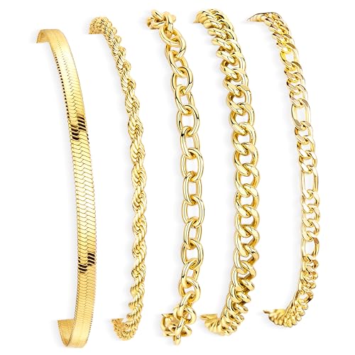Gold Bracelets Set for Women Stack, Chunky Thick Bracelets Stack for Women Trendy, Simple Dainty Thin Gold Plated Cuff Stackable Bracelets With Beaded Cuban Paperclip Snake Rope Bangle Hand Chain Jewelry - style: Style 10-gold
