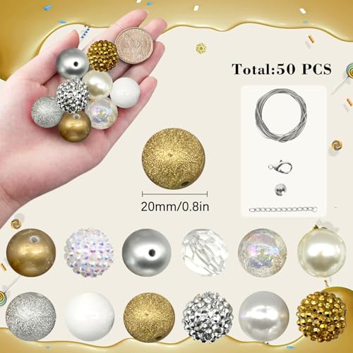 50Pcs Chunky Bubblegum Beads, 20mm Chunky Bubble Gum Beads for DIY Beadable Pens Bracelets Necklaces Pearl Beaded Craft Jewelry Making (Gold White Silver) - color: Gold+White+Silver