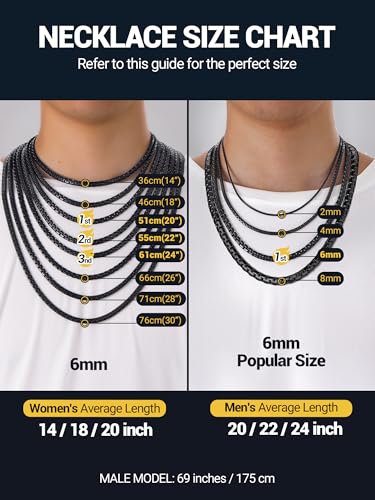 PROSTEEL Stylish Stainless Steel Flat Box Link Chain Necklace for Men, Silver/Gold/Black Tone, Hypoallergenic Jewelry, 14"-30", Come with Box - size: 20 inch(51cm), style: 4mm-Cool Black