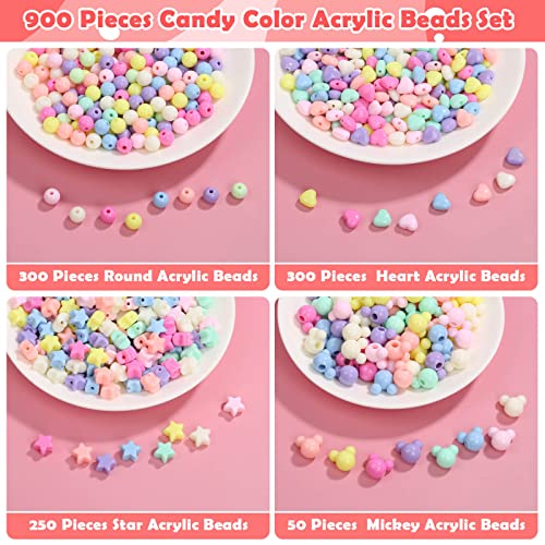 900Pcs Acrylic Pastel Beads, Shynek Colorful Plastic Candy Beads Include Heart Beads Star Beads Round Beads, Chunky Cute Beads for Bracelets Jewelry Making