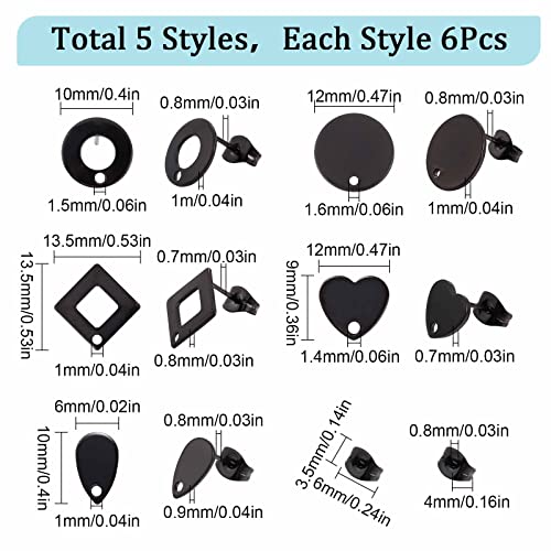 SUNNYCLUE 1 Box 30Pcs 5 Style Black Earring Posts Stainless Steel Earring Post Ear Stud with Loop Metal Earring Studs Flat Round Stud Earrings Ear Nuts for Earrings Jewelry Making DIY Women Crafts - color: 15 Pairs Black Earring Posts Findings