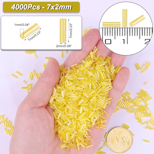4000 Pcs Yellow Glass Bugle Beads, 2 x 7 mm Embroidery Beads, Small Long Tube Seed Beads for Embroidery Craft Jewelry Making - color: Yellow