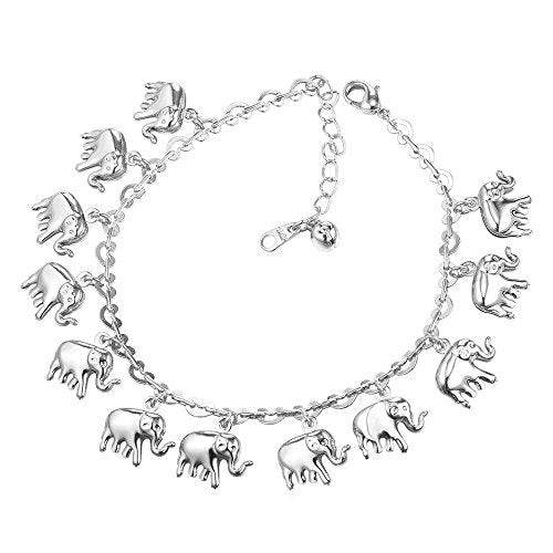 U7 Women Girls Barefoot Jewelry 18K Gold or Rose Gold Stainless Steel Heart/Rope/Figaro/Cuban Chain Anklet Foot Bracelet, 25-30 CM Long - color: Platinum Plated-Elephant Charm