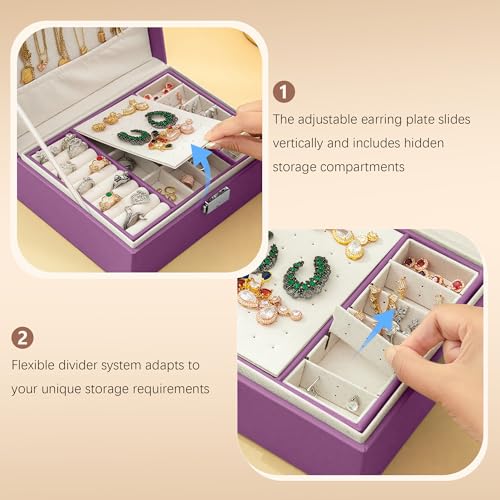 Homeanda Jewelry box 2 layer Jewelry box Leather Jewelry boxes for Women Girls Teens Jewelry organizer box Jewelry Storage box with lock(Purple) - color: Purple