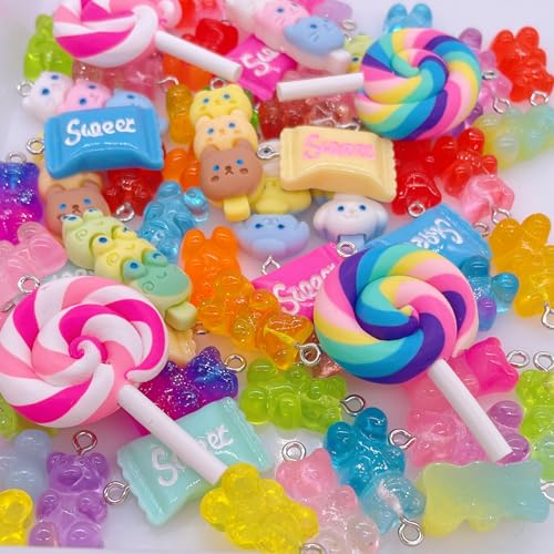 Bulk Assorted Candy Pendant,Grandient 3D Gummy bear Charms for Jewelry Necklace Earrings Bracelet Art Craft Project Making (70pcs with hole)