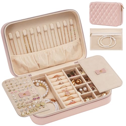 Lolalet Travel Jewelry Case for Women Girls, Travel Jewelry Organizer Box with Mirror & Clear Storage Bag, Small Portable Earring Necklace Bracelet Ring Case, Birthday Valentine Gifts -Medium, Pink - color: Pink, size: Medium (8.46"W*5.71"D*2.17"H)