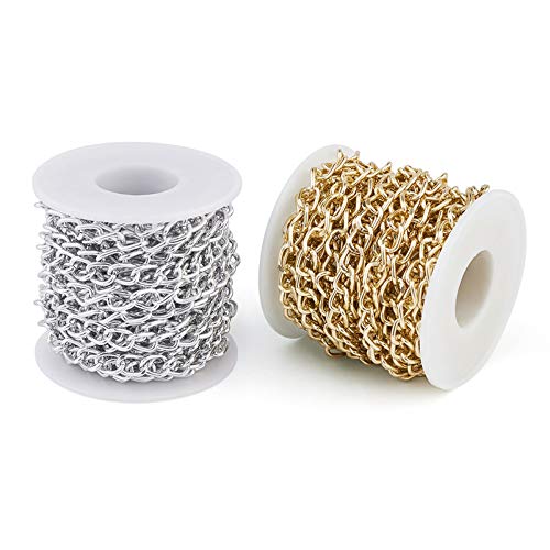 32.8 Feet Aluminum Curb Chains Gold Silver Twisted Links Cross Cable Chains with Spool Craftdady for Bracelet Necklace Earring Jewelry Making-2 Rolls, 10x6.5mm - color: Gold, Silver, 10x6.5mm